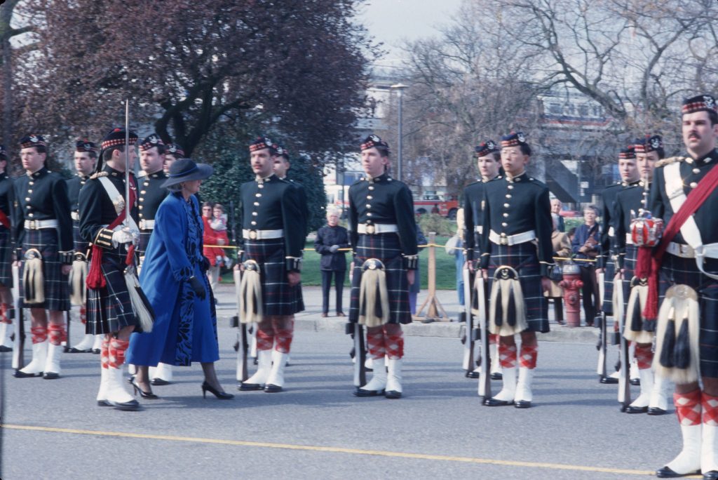 Governor General Jeanne Sauvé reviewing the Guard of Honour by the Seaforth Regiment of Canada at Canadian Pacific Station. Reference code AM1576-S6-12-F65-: 2011-010.705
