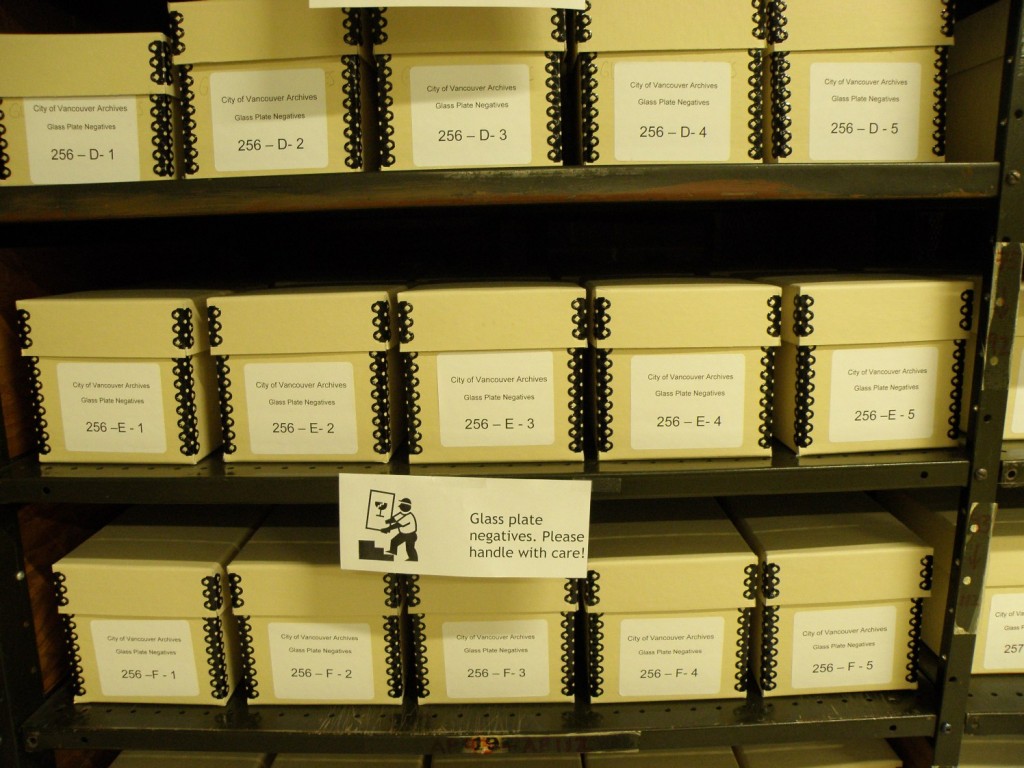 Boxes of glass plate negatives stored neatly on shelves.