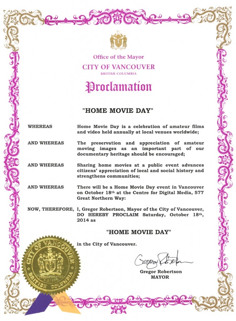 Home Movie day 2014 proclamation, City of Vancouver