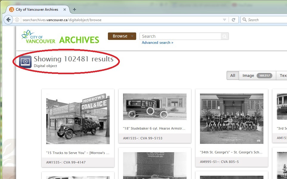 Screenshot of Browse Digital Objects result on searcharchives.vancouver.ca