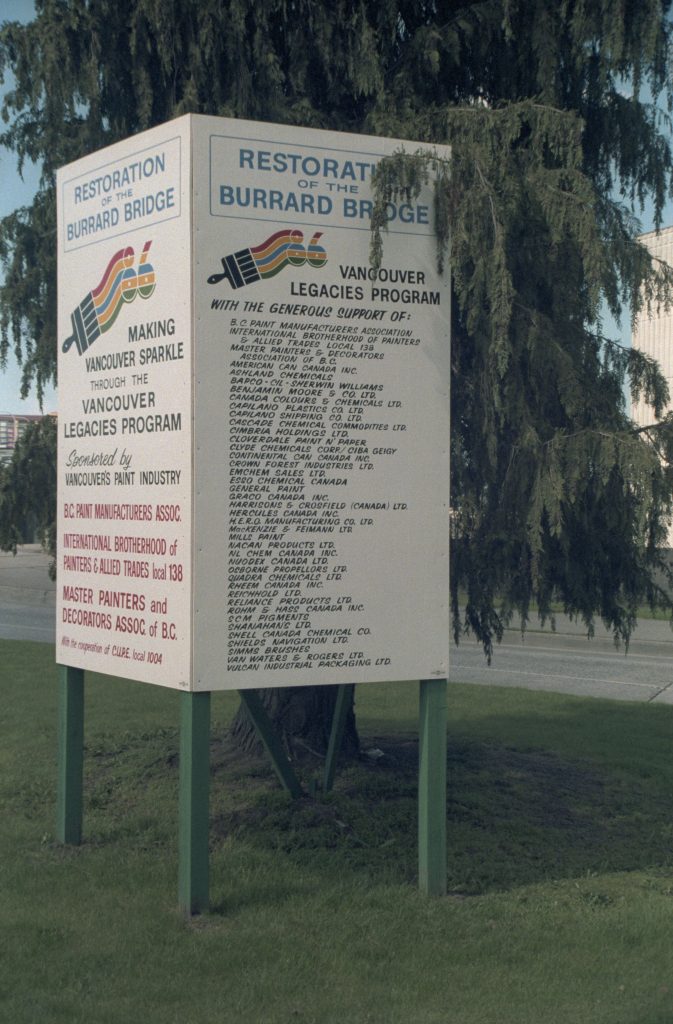 Signboard showing sponsor names for the restoration of the Burrard Bridge, 1986 or 1987. Reference code: COV-S477-3-F111-: CVA 775-131