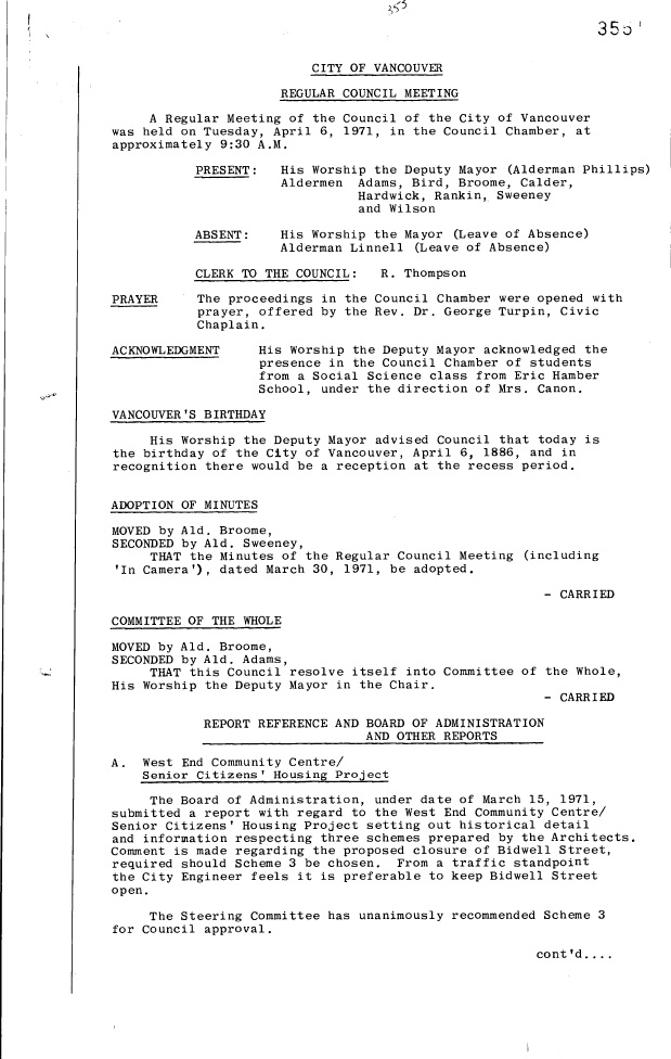 First page of Council meeting minutes, Incorporation Day, April 6, 1971