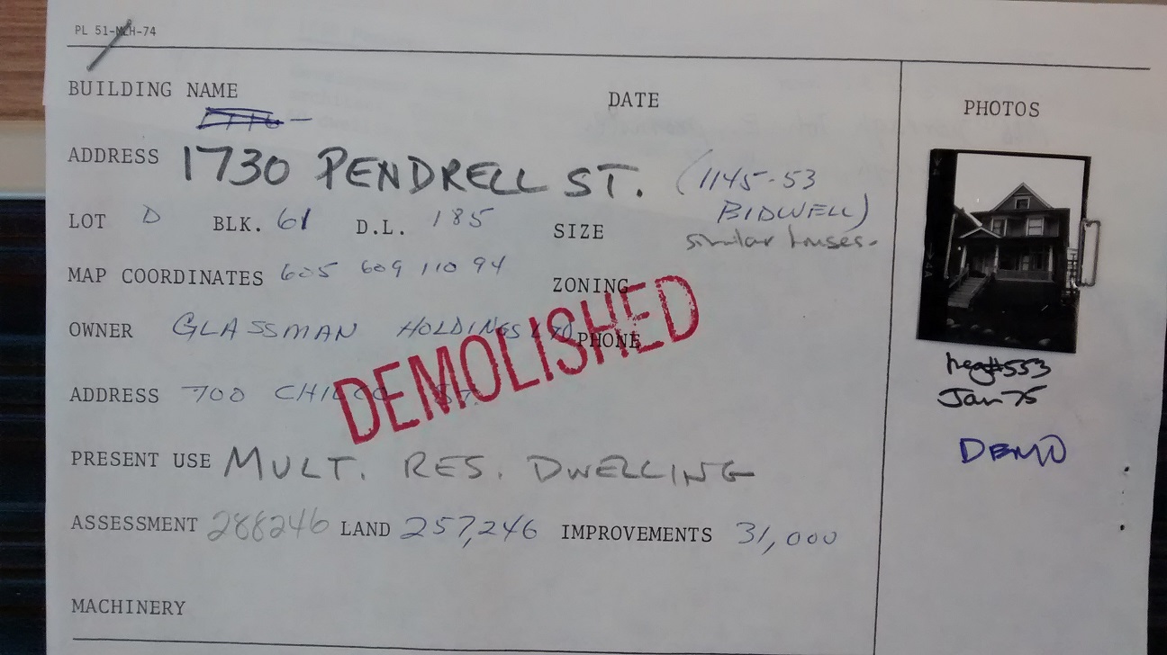 Part of form for1730 Pendrell Street, from file COV-S682-F206 Pendrell Street