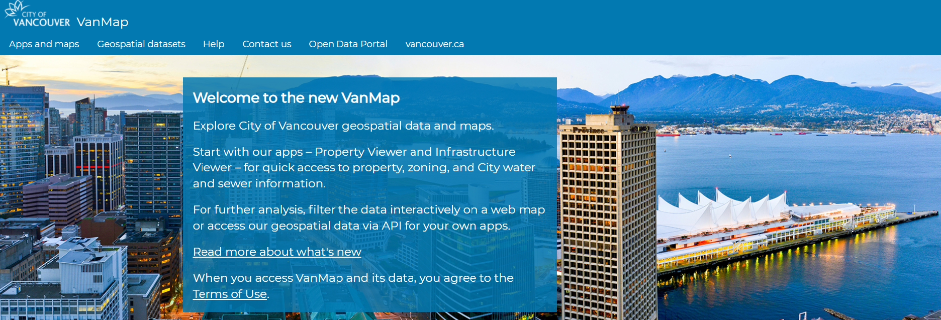 Welcome page for the City’s VanMap site