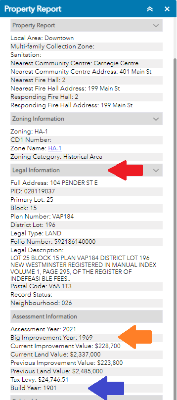 Screen shot of the property report for 104 Pender St E