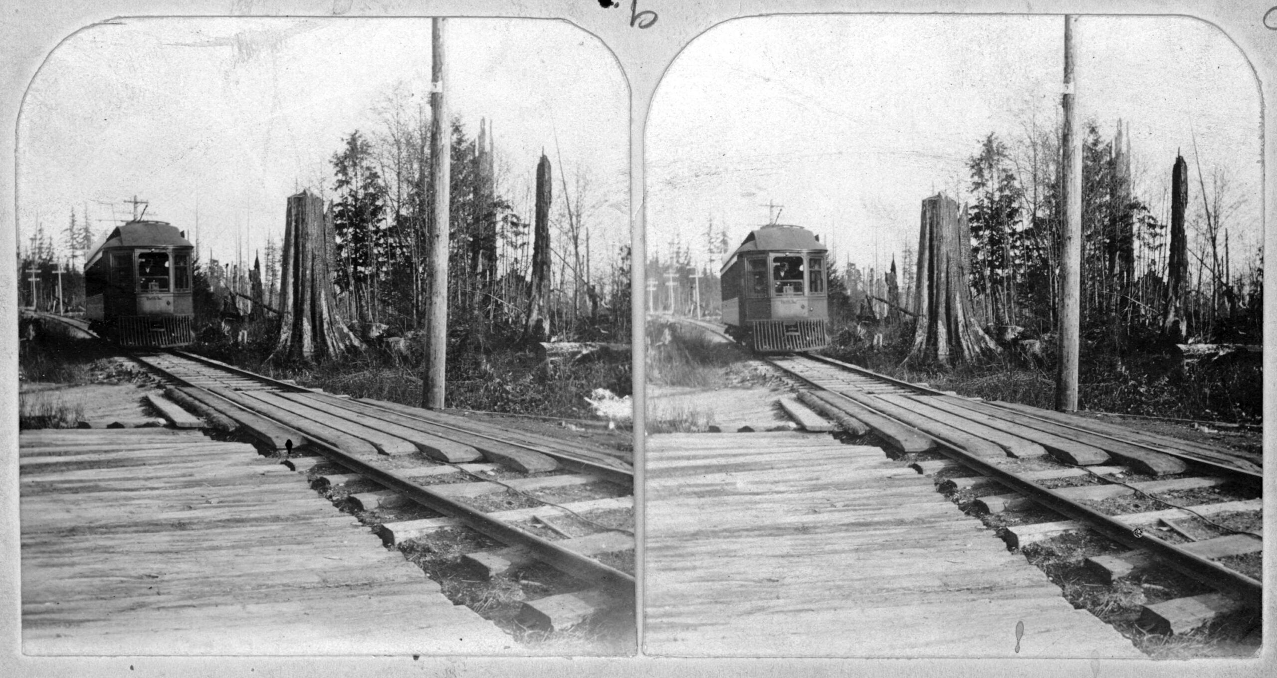 Stereoscopic photograph of B.C. Electric tram at Jubilee Station, Burnaby, 1903. Reference code: AM336-S3-2-: CVA 677-88