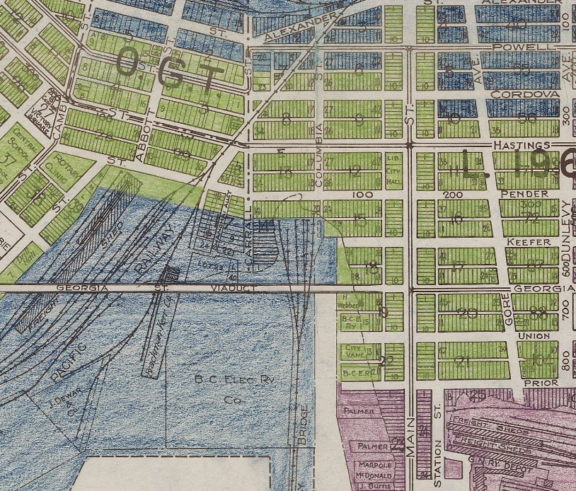 Map detail zoomed in on the area north and east of the end of False Creek 