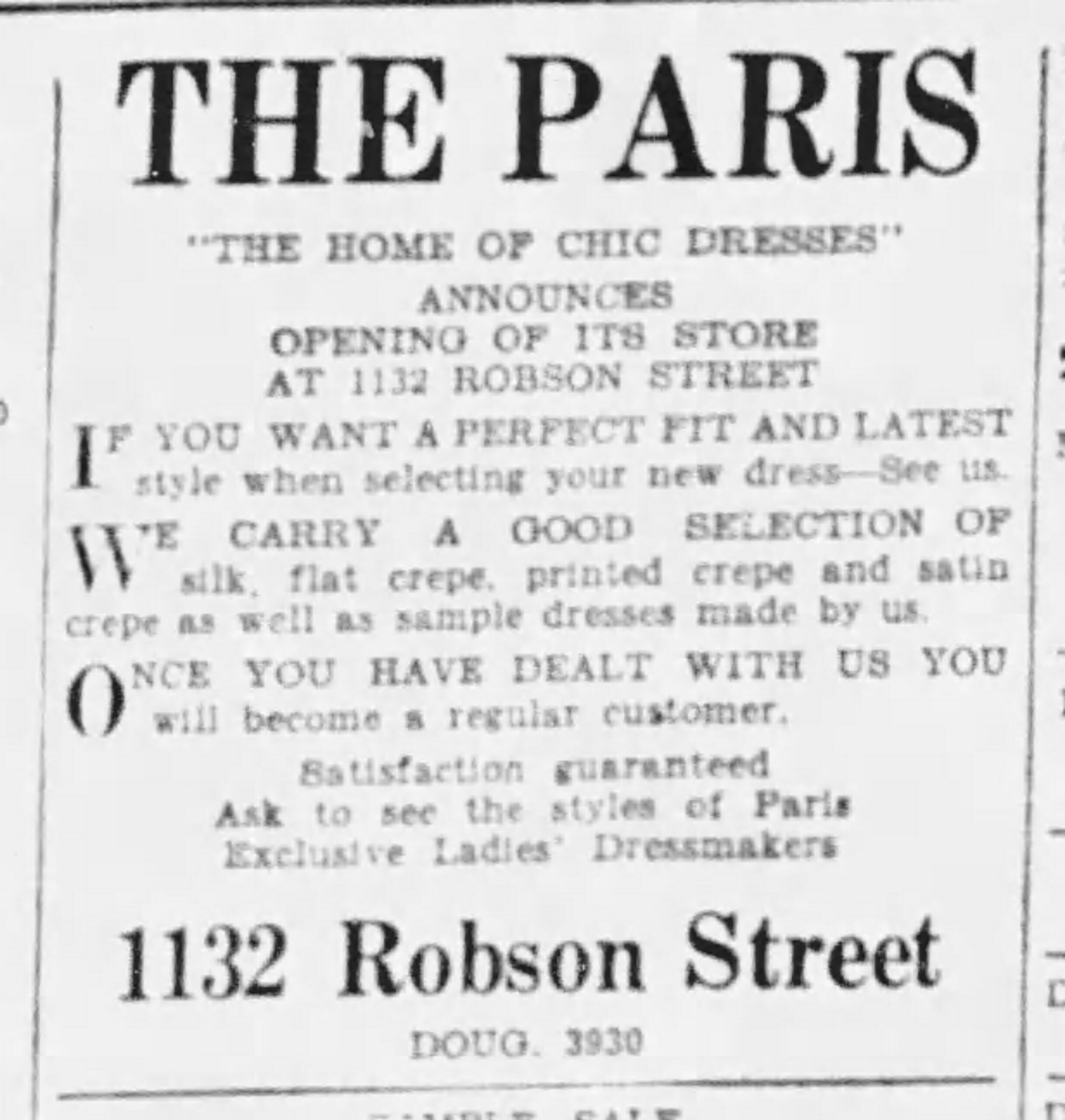 Advertisement for the opening of The Paris from The Vancouver Sun, March 13, 1929