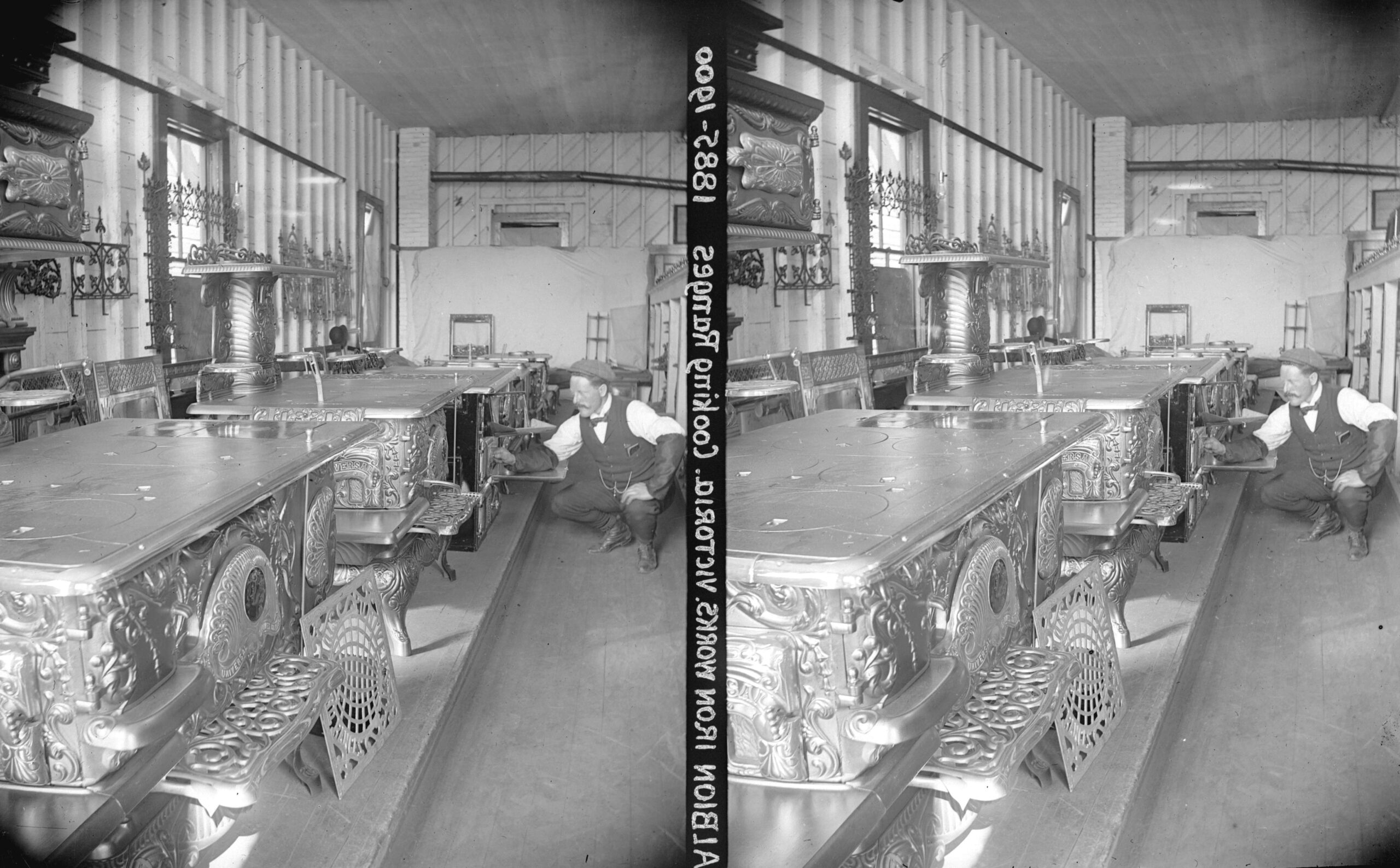 Digital reproduction of the glass plate negative. Albion Iron Works cooking ranges, ca. 1895. This is example of a pair that when printed, the images would need to be switched in order to be viewed properly in a stereo viewer. Reference code: AM1376-: CVA 137-142