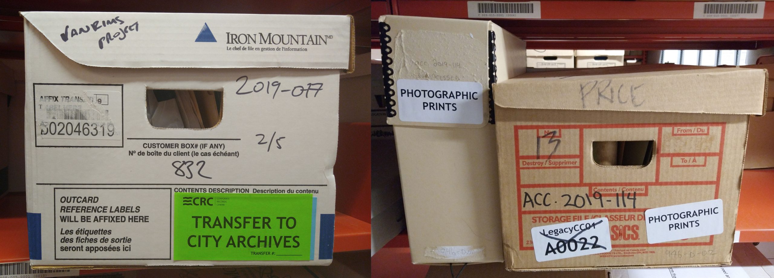 New records from 2019: a box of transferred City records (left) and two boxes of records privately donated (right). Photo by Kira Baker