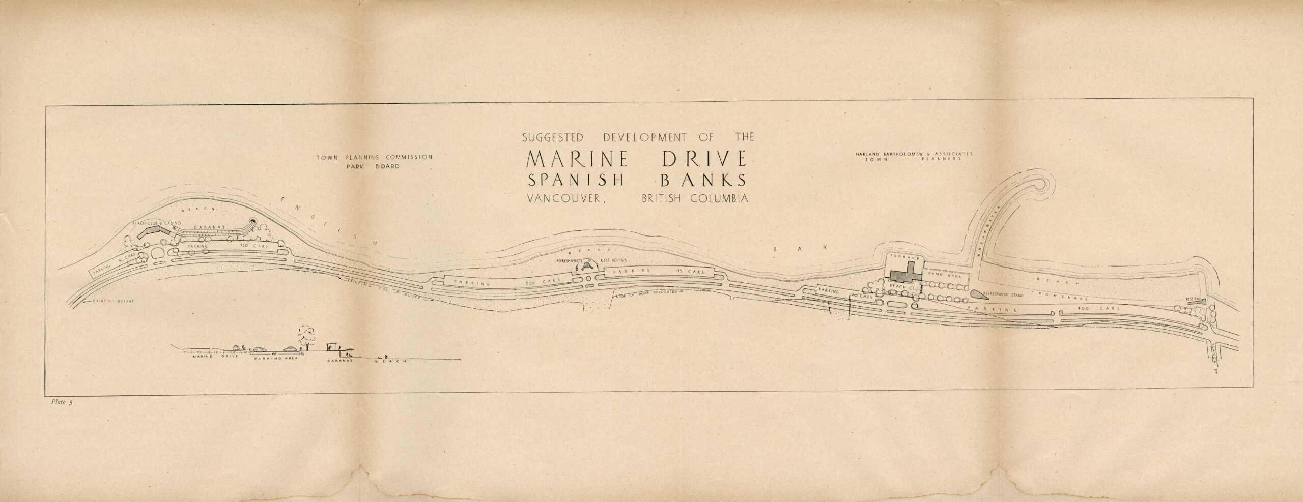 Plate 5 – Suggested development of Marine Drive Spanish Banks, from A Preliminary report upon parks and recreation and schools, October 1946. Reference code: COV-S697--]