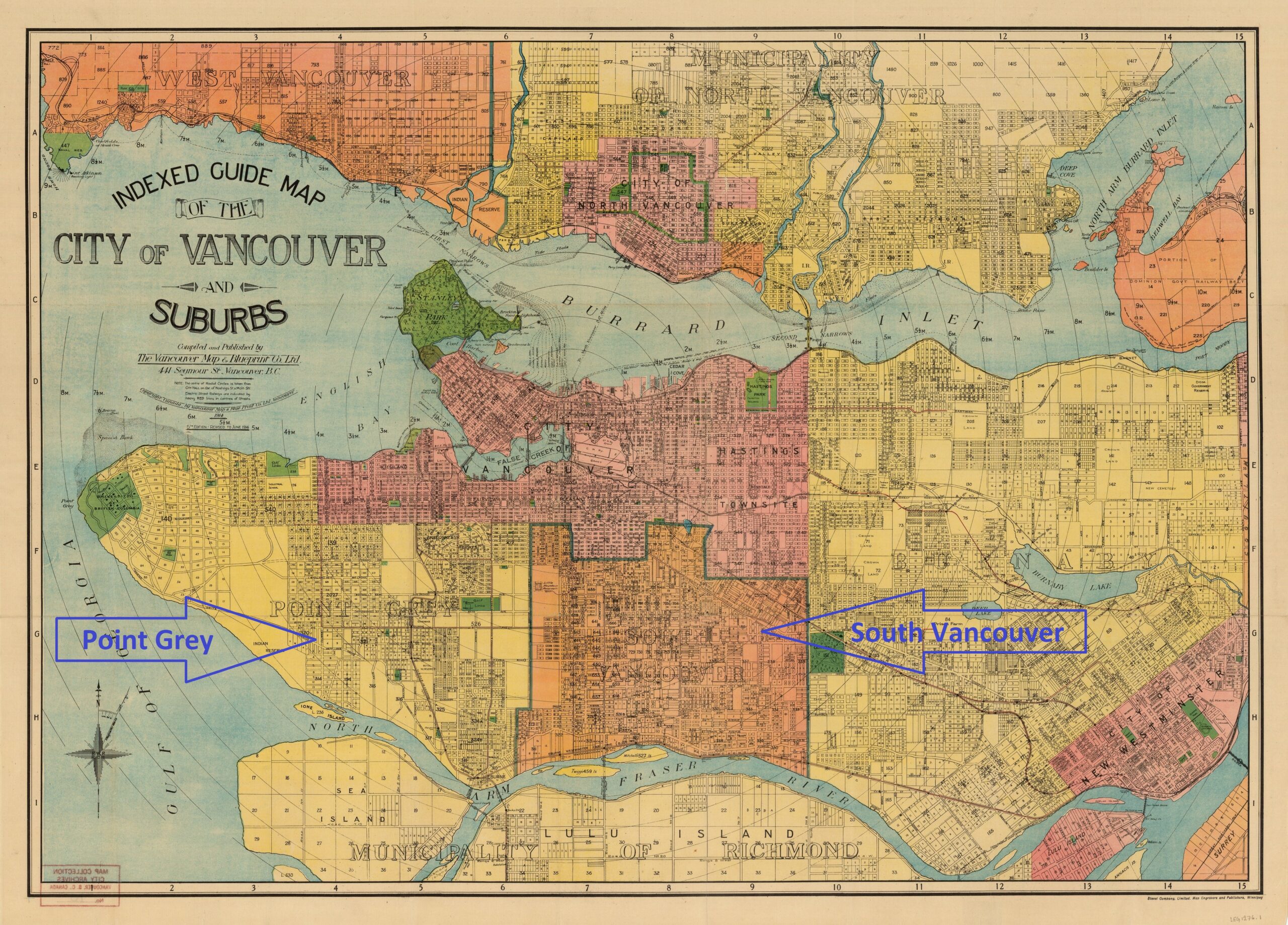 Map showing the boundaries of the City of Vancouver, South Vancouver, and Point Grey, 1914. Reference code: AM1594-: MAP 70-: LEG1276.1
