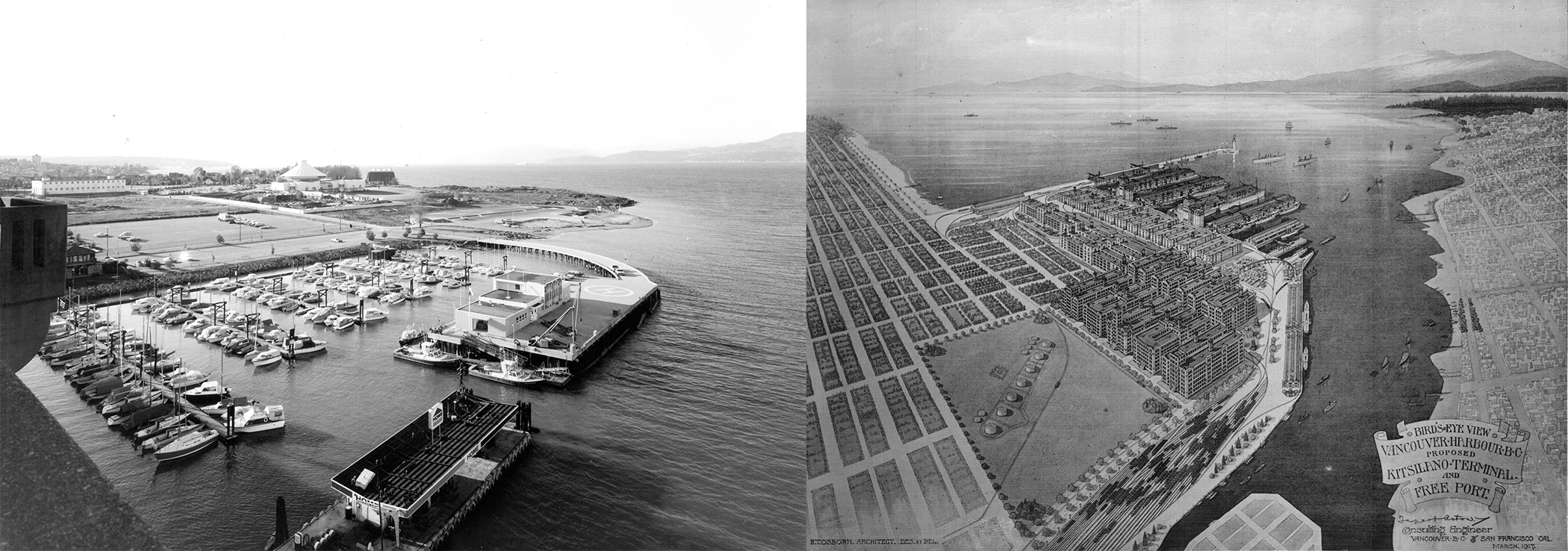 An example of the built and the unbuilt – where the reality of what came to be was quite different than one vision. Vanier Park as seen in 1971 from Burrard Bridge (left), and a proposed [unbuilt] industrial version of the same area, 1917. Item numbers: CVA 23-39 and CVA 380-1