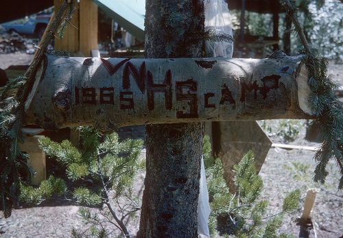 Sign for the V.N.H.S. Bridge River camp, 1965. Photographer Myra Kelsey. Reference code: AM484-S10- : 2005-040.097