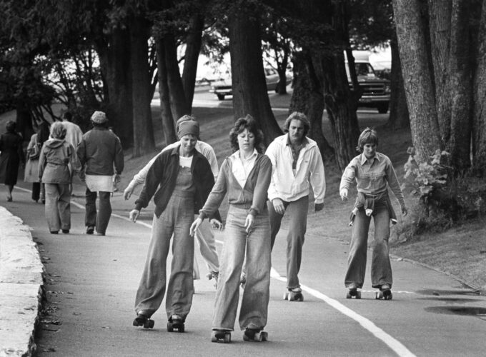 Roller skaters on the Stanley Park seawall, 1970s. Reference code: AM1528-S1-F188-: 2008-127.05619