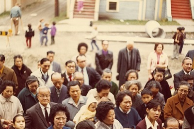 Strathcona residents listening to speakers outside SPOTA building at 820 Jackson Street, 1971-1973. Reference code: AM734-S4-: 2009-008.13 