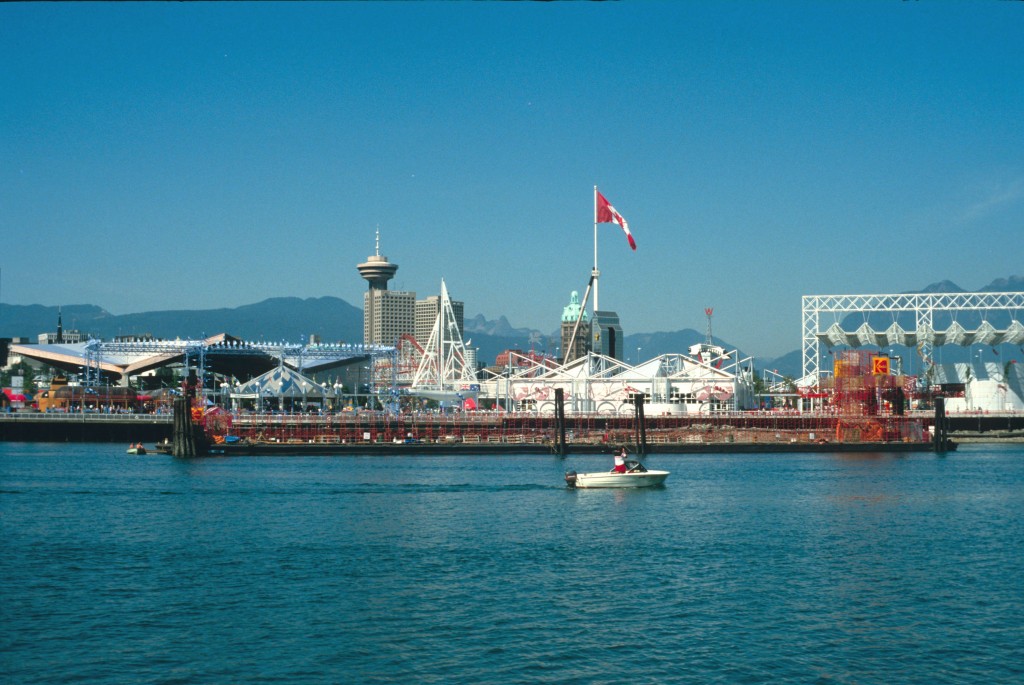 Looking north at Expo site and fireworks barge moored in False Creek. Reference code: 2010-006.437