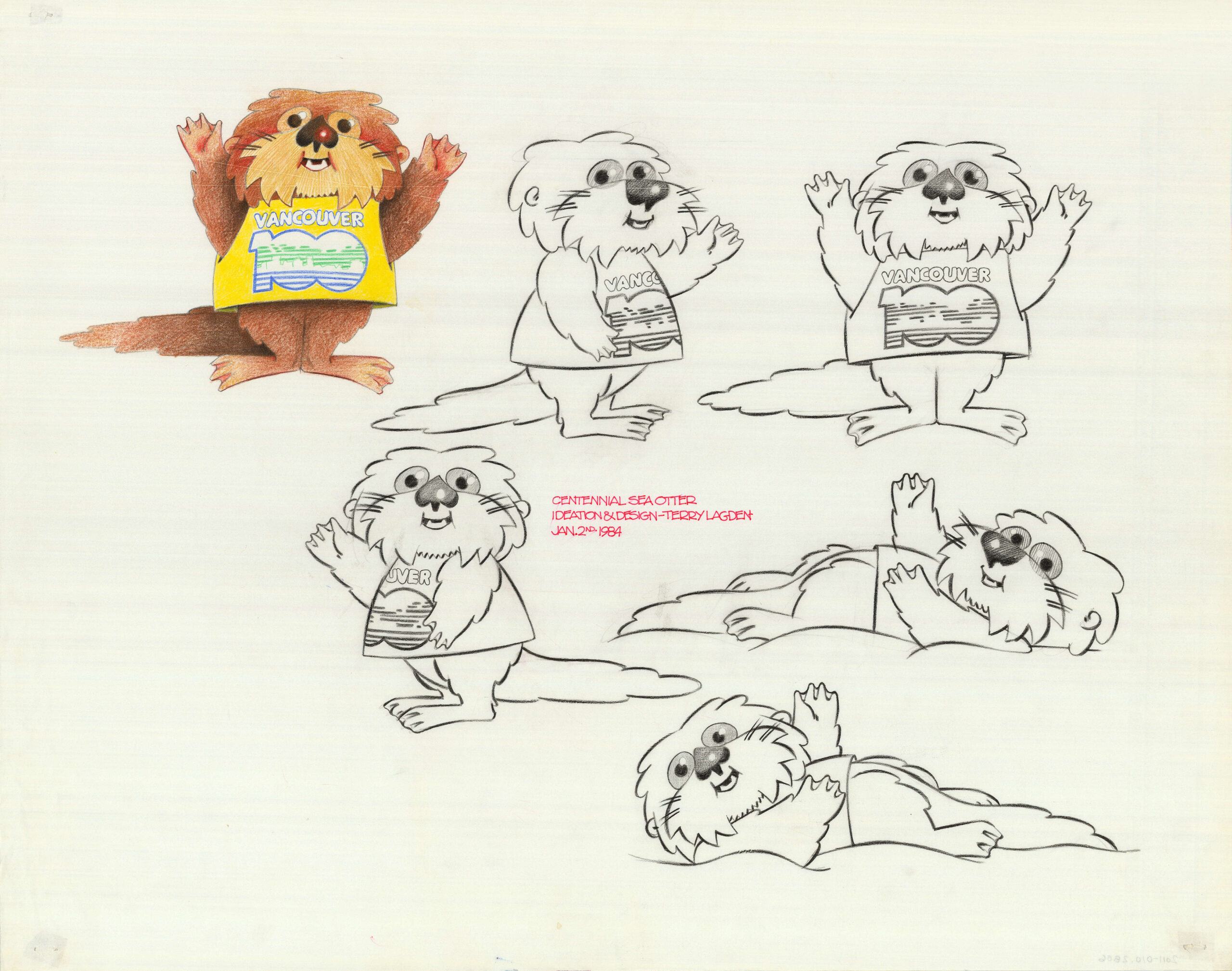 This early design shows the centennial sea otter in various poses. Reference Code: AM1576-S6-13-F27-: 2011-010.2806