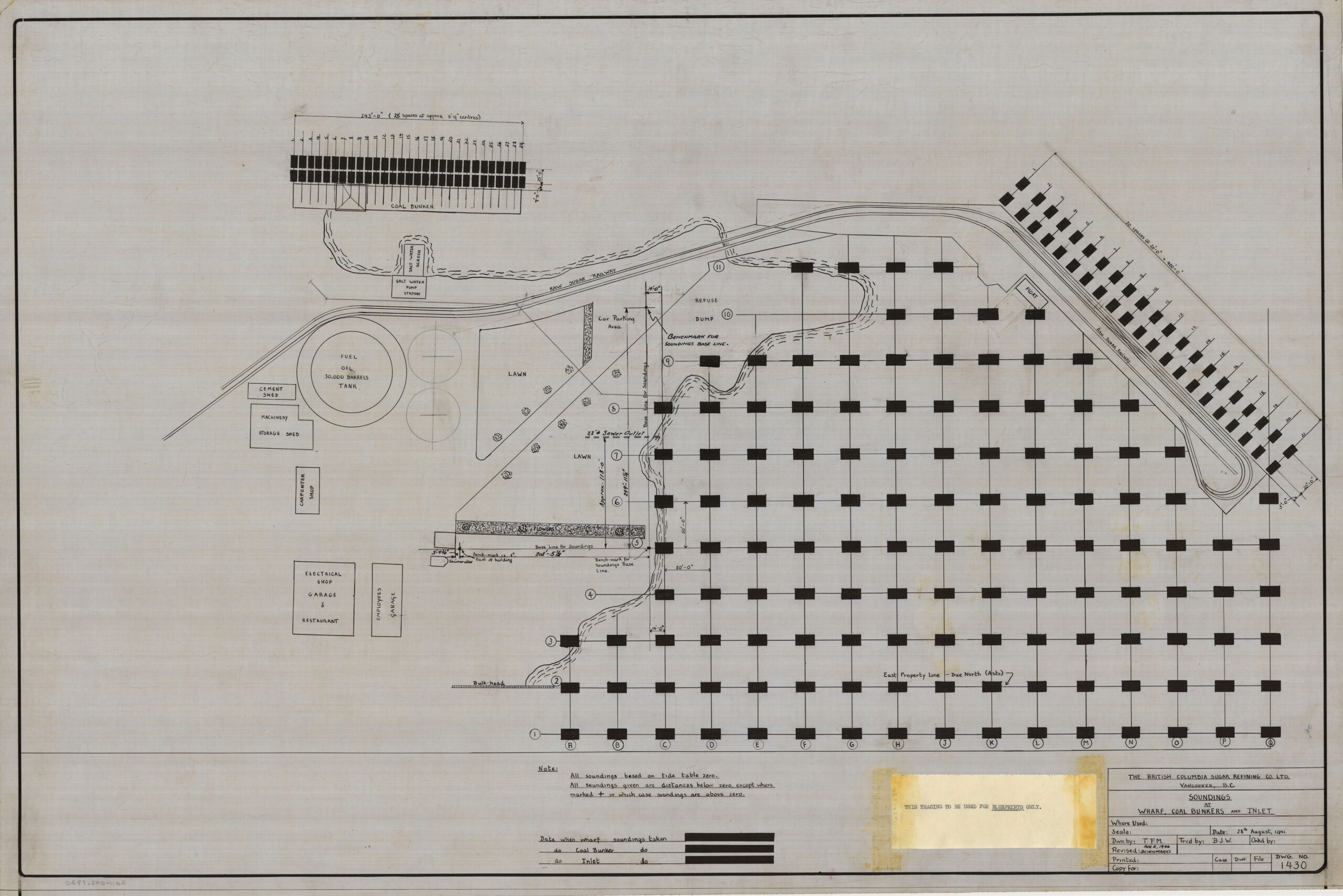 Soundings at wharf, coal bunkers and inlet. Created Aug. 28, 1941 and revised Aug. 5, 1946. Reference code AM1592-S8-F179-: 2011-092.1720