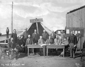 1886 photograph of a reconstructed tent where City officials conducted business after the Great Fire