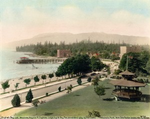 English Bay Beach with Sylvia Court Apartments in 1916