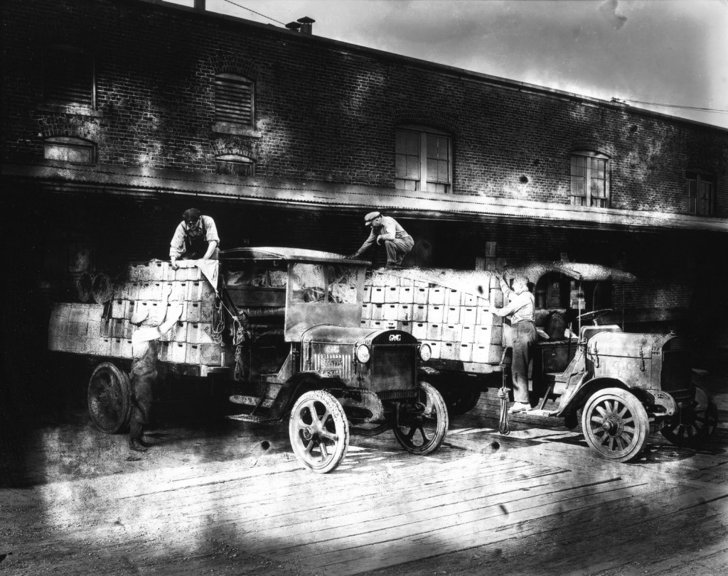 Beer trucks being loaded