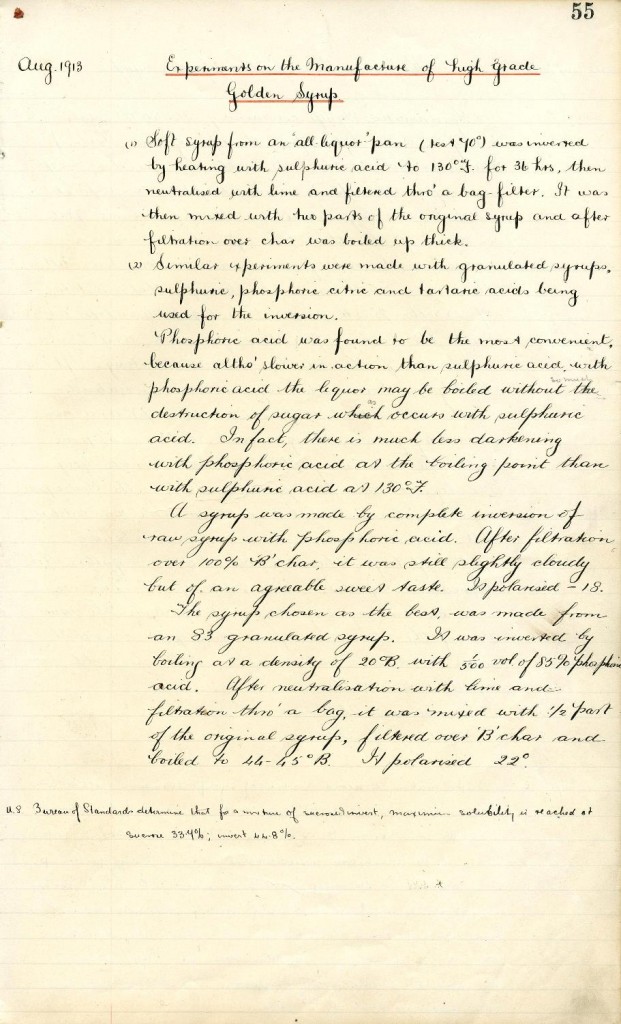 A page from the laboratory book which records the first production of Rogers' Golden Syrup. Reference code: AM1592-1-S1-F20.