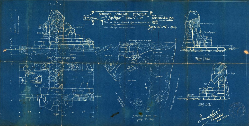 Design for memorial to Pauline Johnson, Stanley Park by James A. Benzie, March 1922. Item No.: 2012-009.1