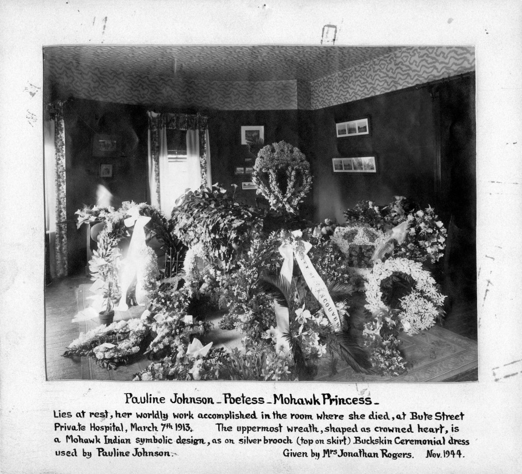 Pauline Johnson’s coffin and flowers in the room in which she died at the Bute Street Hospital, March 7, 1912. Reference Code AM1102-S3-: LEG427.7