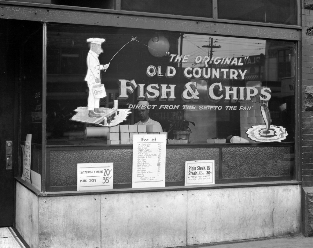 "The Original" Old Country Fish and Chips store, 6 East Hastings Street, 1923. Stuart Thomson, photographer. Reference code: AM1535-: CVA 99-3455