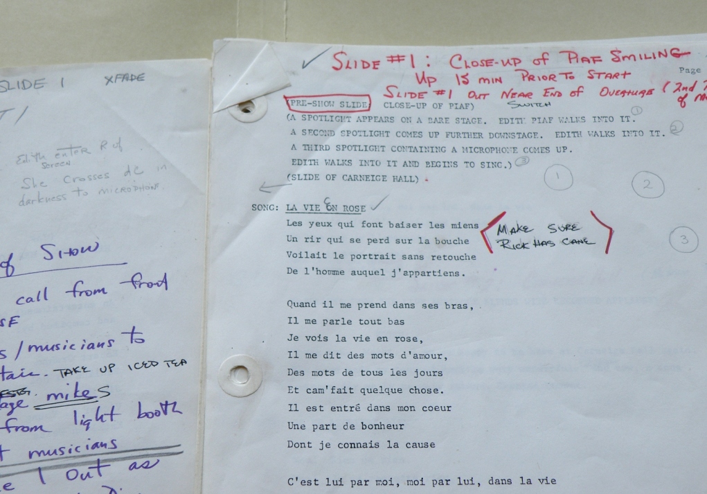 A close-up of a page from the script of the City Stage production “Piaf, Her Songs, Her Loves". Photograph by Cristen Polley