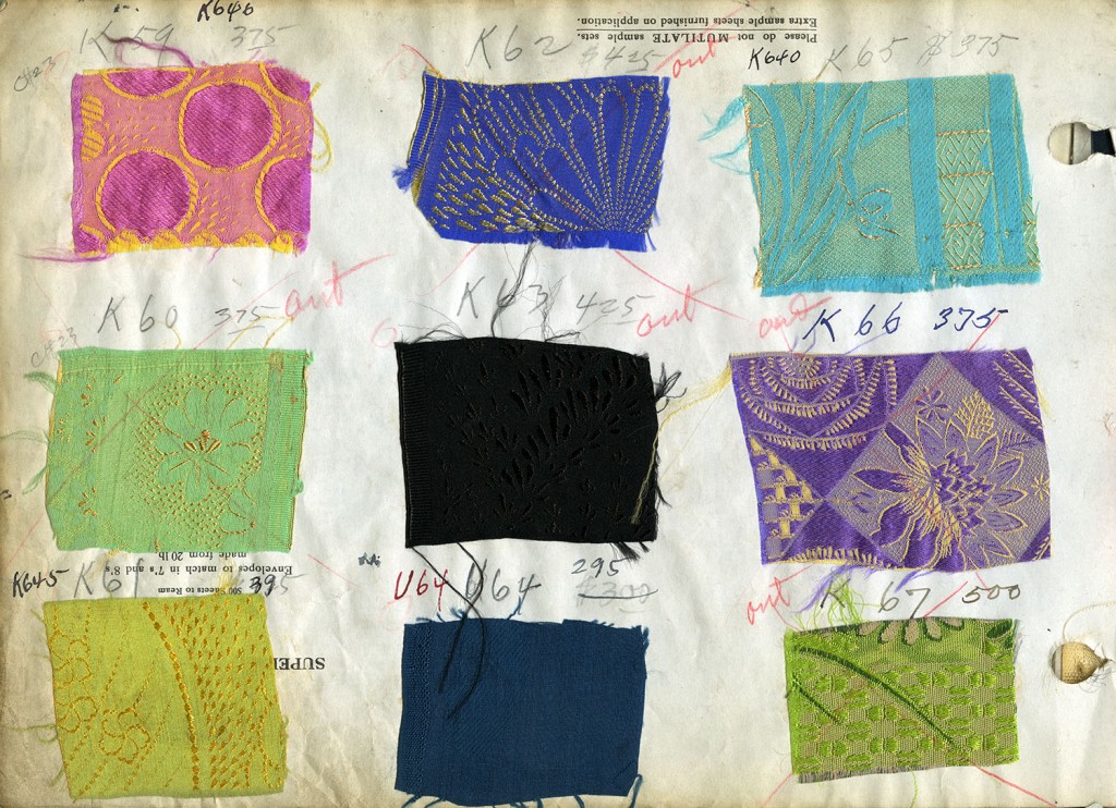 One page of silk samples from Kuo Kong Silk Company catalogue. Catalogue was compiled from 1922-1962. Reference code AM369-S1, file-Catalogues of silk samples.