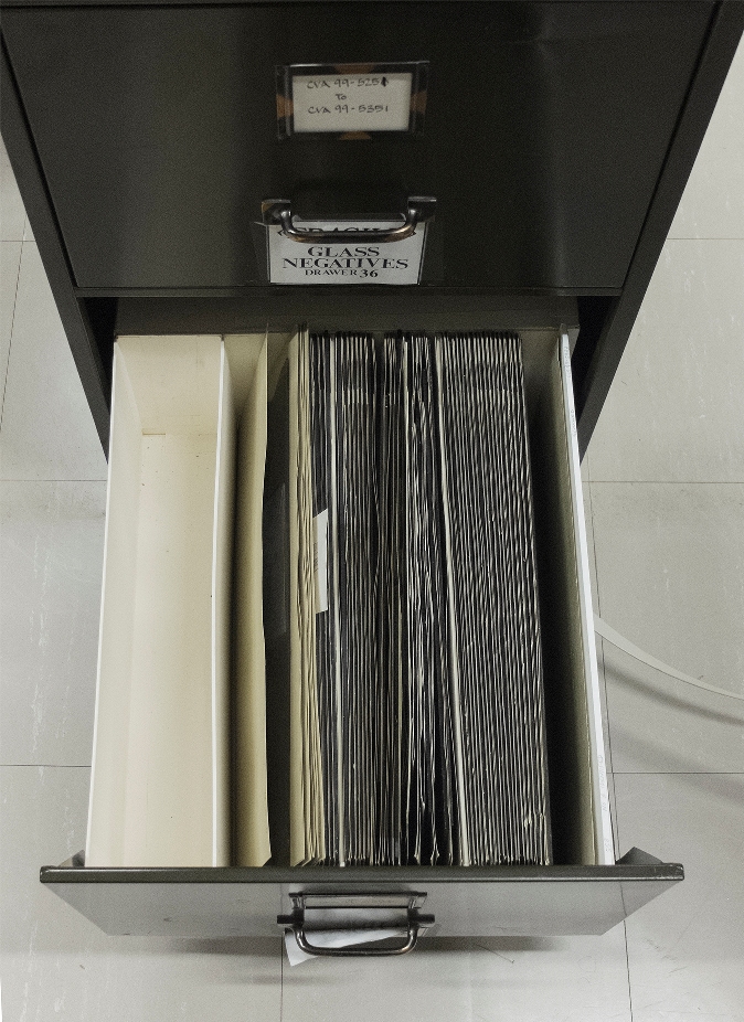 The glass negatives as they were stored in the drawers of the filing cabinet. Photograph by Kathy Kinakin.