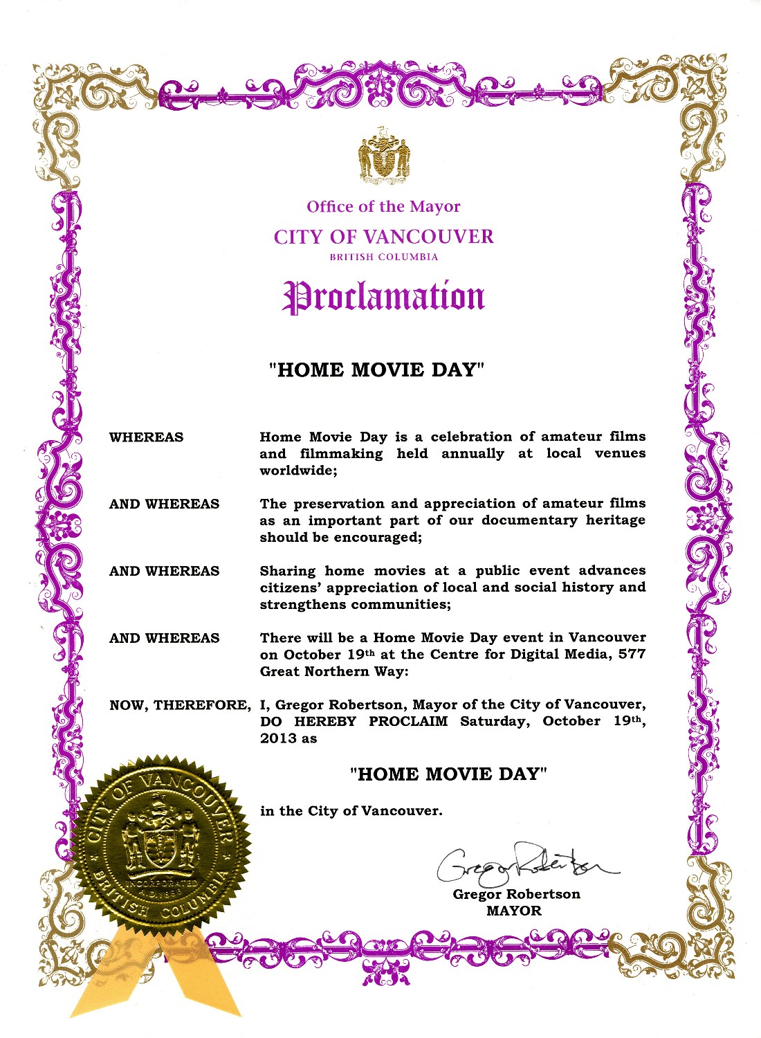 Home Movie Day 2013 proclamation, City of Vancouver