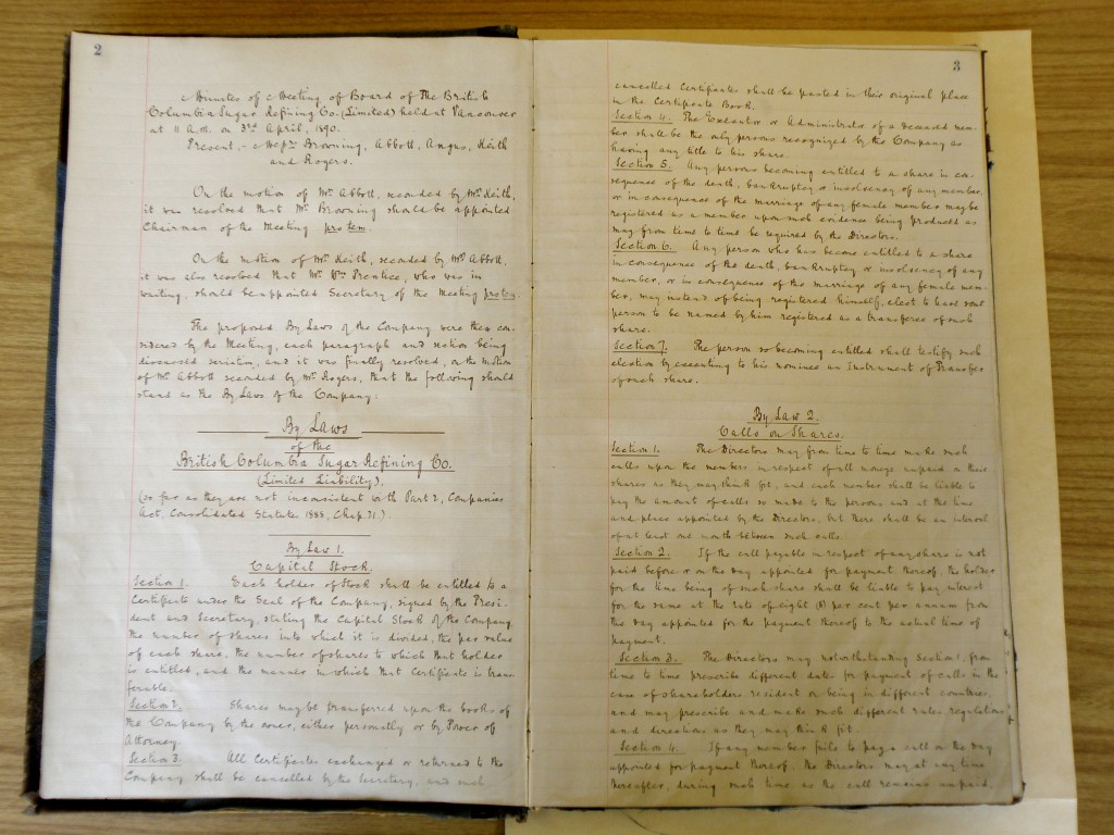 First two pages of the Minutes of the first Board Meeting of the British Columbia Sugar Refining Company, Limited, April 11, 1890. Reference code AM1592-S1-2-F1.