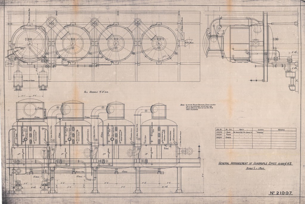 Apparatus for evaporation of beet juices in beet sugar manufacture, “General Arrangement of Quadruple Effet 10,000 [square foot] H.S.”, The Mirrlees Watson Company Limited, 1905 (copied 197-?). Reference code: AM1592-S17-: 2011-092.6747.