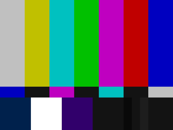 The classic SMPTE colour bars. Who else automatically hears the test tone when they see this image? Source: Denelson83, CC-BY-SA 3.0, Wikimedia Commons.