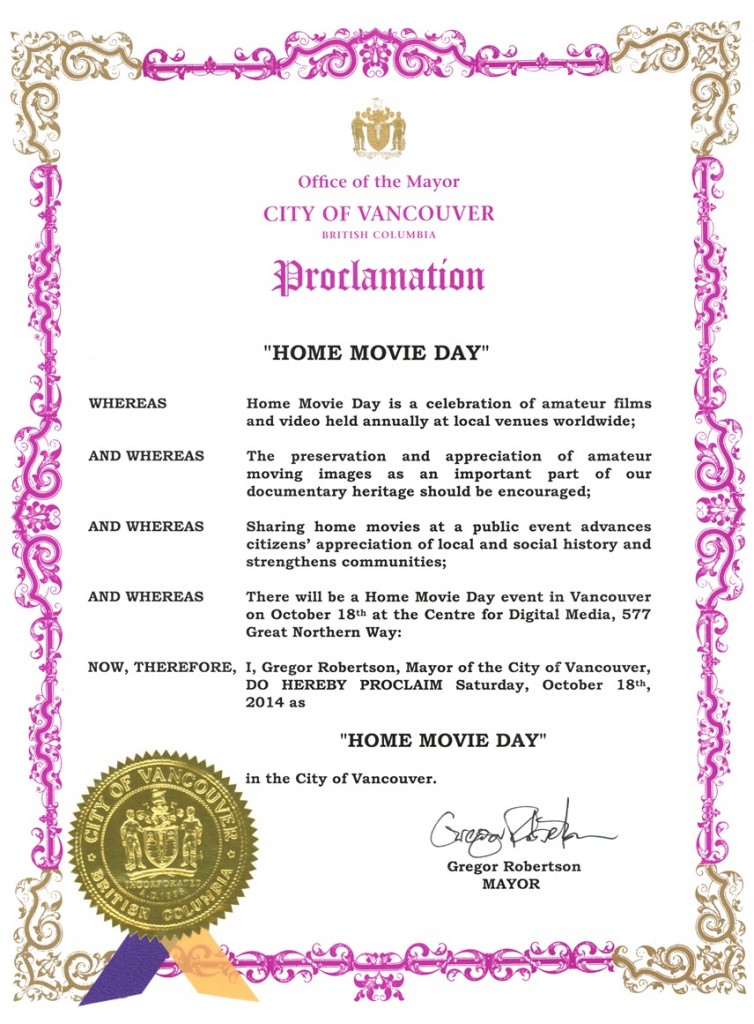 Home Movie day 2014 proclamation, City of Vancouver