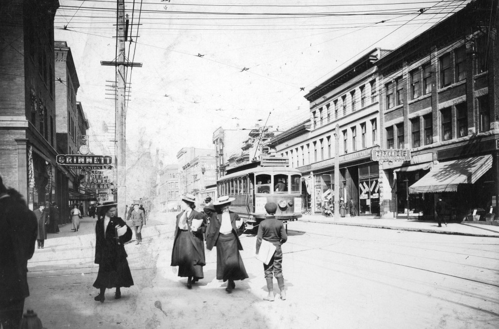 Archival photograph selected by Michelle MacDonald for the Merging Time assignment. Granville Street looking north from Robson Street, 1900s. Reference code: AM54-S4-: Str P32.