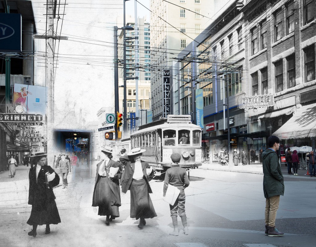 Digital composite by Michelle MacDonald, 1900s/2014. Granville Street looking north from Robson Street, incorporating City of Vancouver Archives image AM54-S4-: Str P32. 