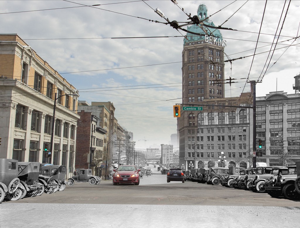 Digital composite by Warin Rychkun, 1927/2014. View of Pender Street east of Cambie Street, showing the Sun Tower, incorporating City of Vancouver Archives image AM54-S4-: Str N164.