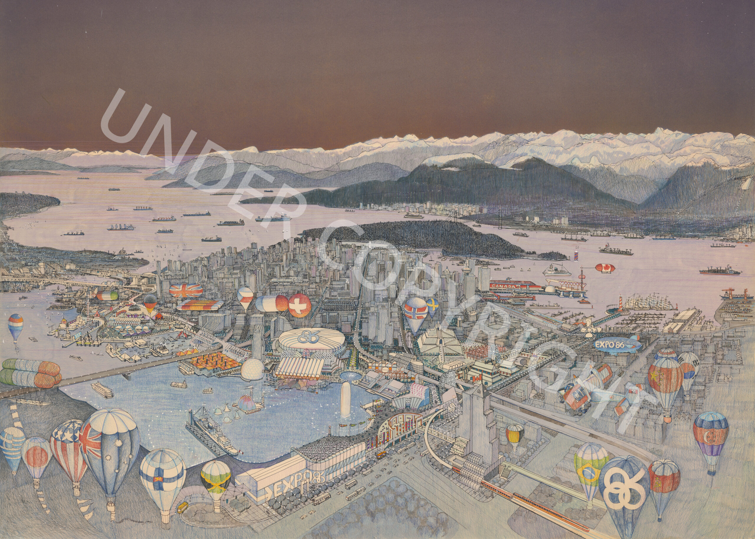Expo 86, Vancouver, BC master plan : Downtown including site plans of both fair sites : AM1672-S1 : 2016-031.0010, artwork by Robert J. McIlhargey