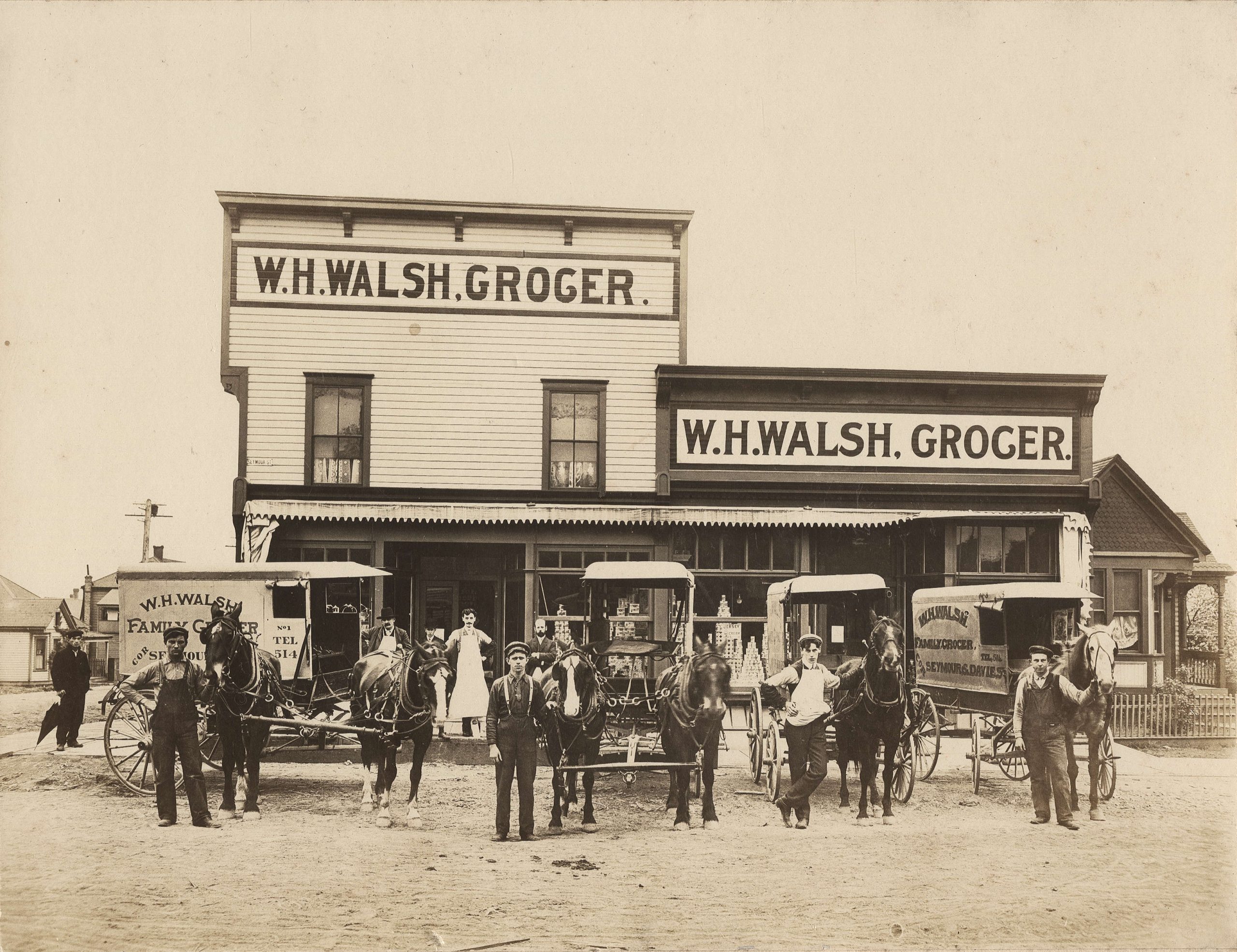 Employees standing with the horse-drawn delivery wagons, ca. 1900. Reference code: AM1376-: 2017-028.6