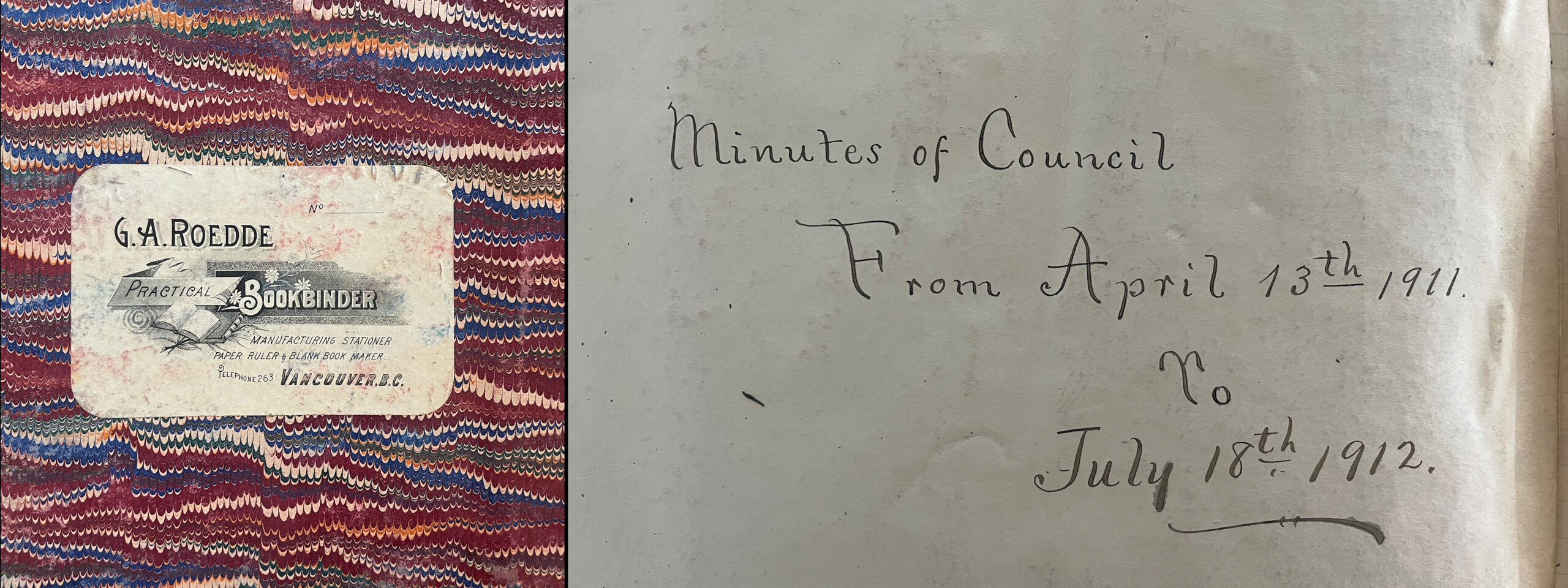 Endpaper with G.A. Roedde bookbinder bookplate (left) and title page indicating minutes date rage of Volume 18 (right).