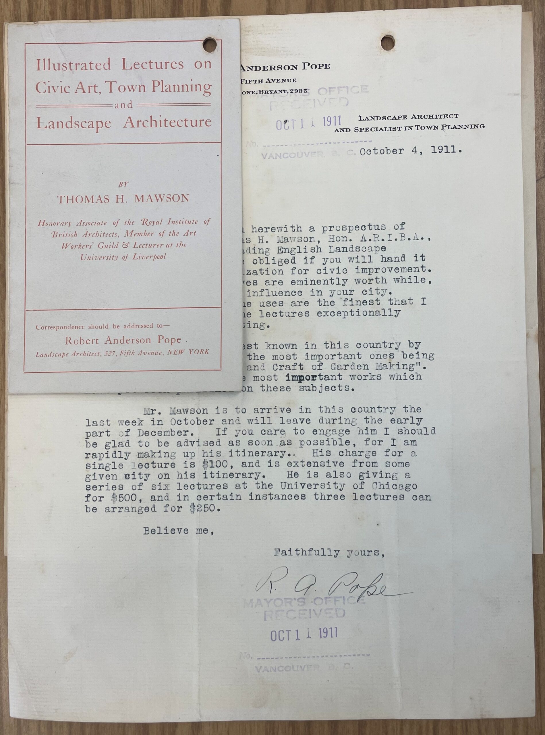 Thomas H. Mawson promotional material for his Canadian lecture series, 1911. Reference code: VPK-S81--