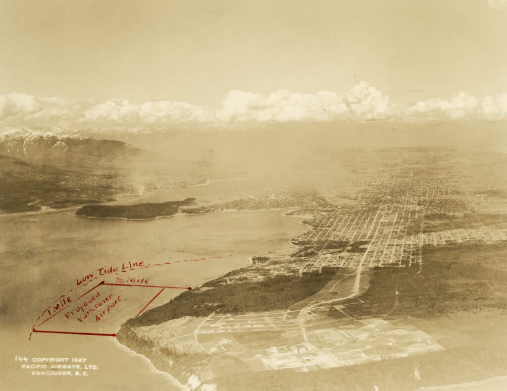 Marking out the area of the proposed Vancouver Airport on a 1927 photograph included in the file ‘Airport’ found in the City Clerk’s Office subject files. Reference code: COV-S20--
