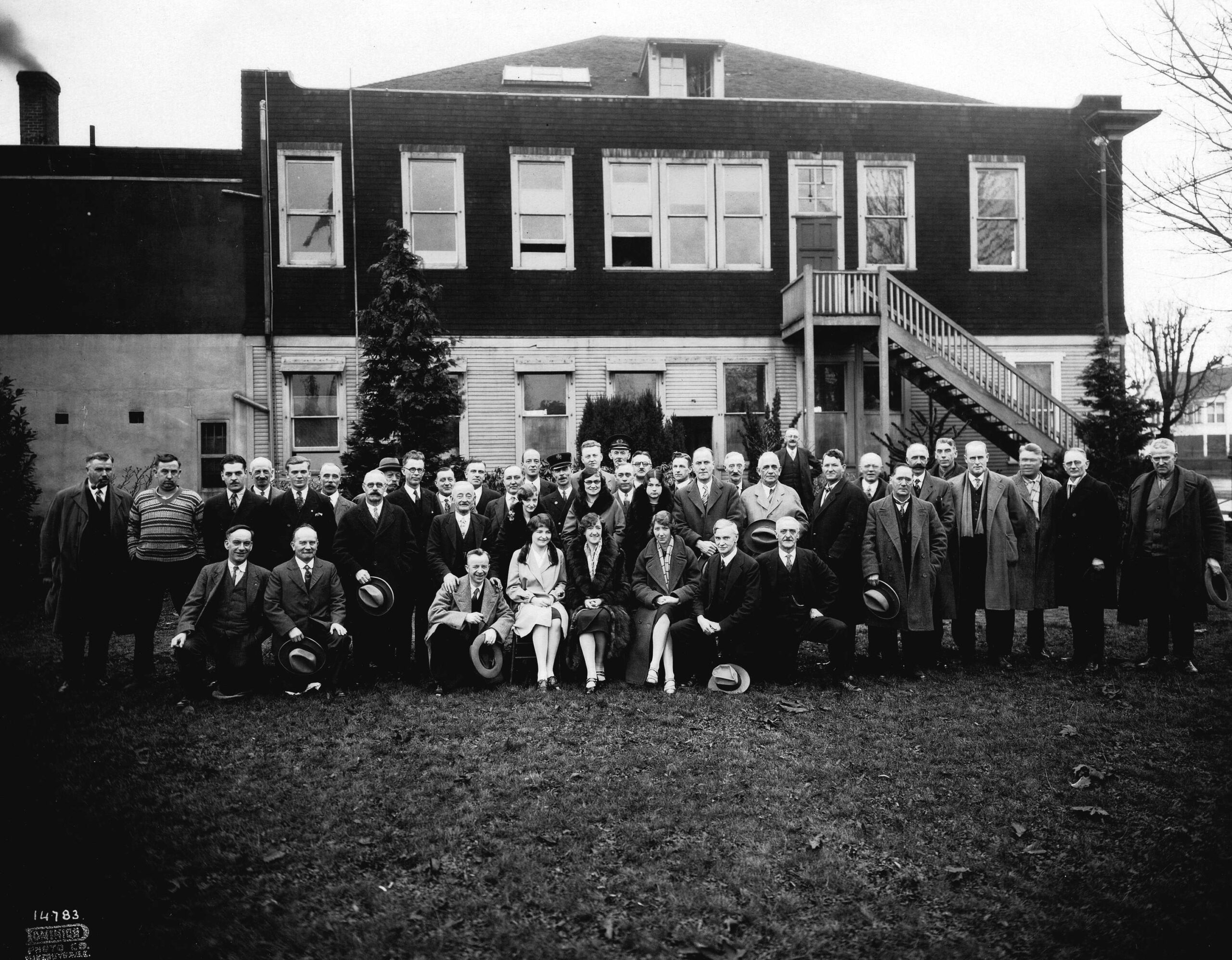 The staff in front of South Vancouver Municipal Hall at Fraser Street and 43rd Avenue on amalgamation day, January 1, 1929. Reference code: AM54-S4-: Port P1796