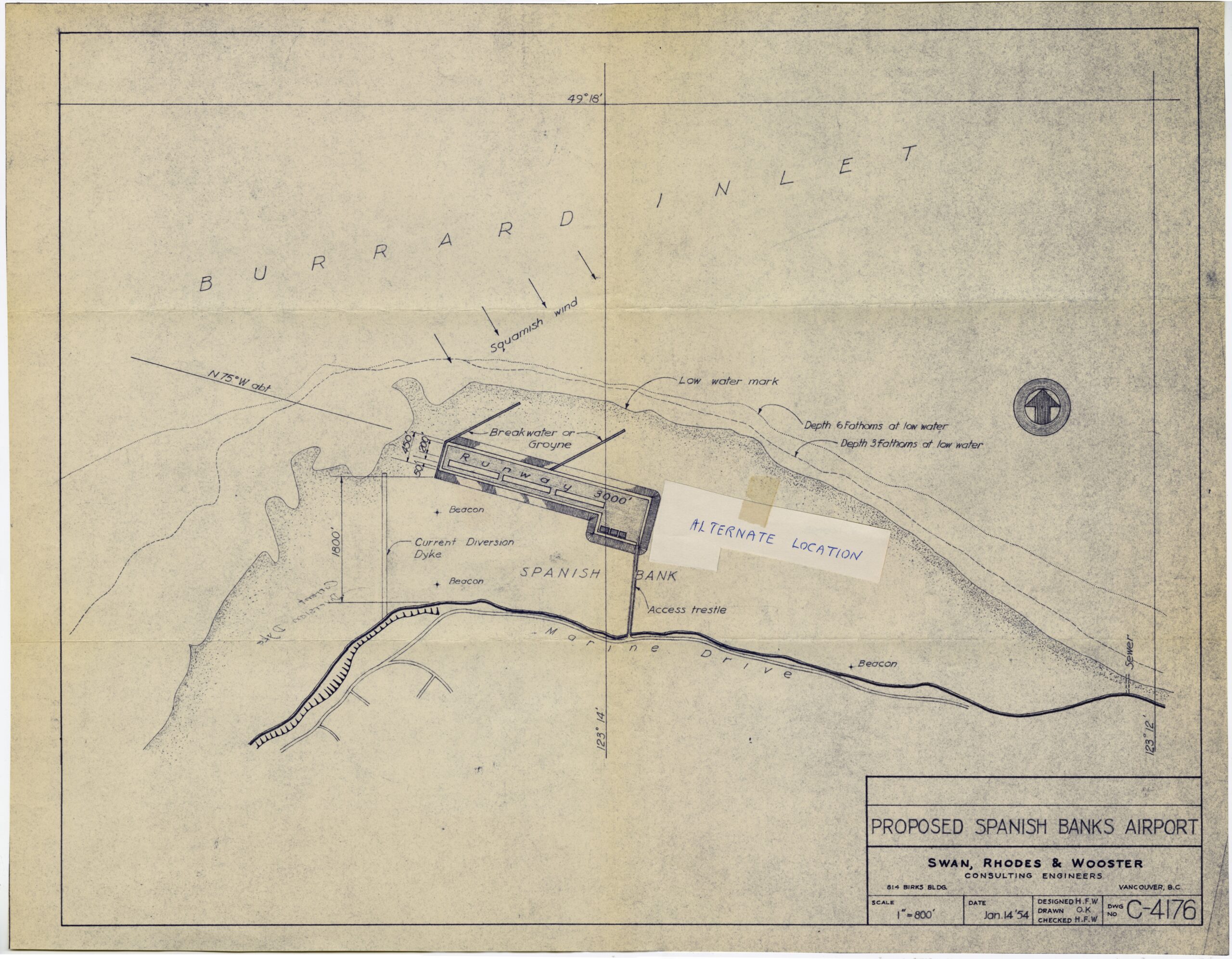 Plan and sections drawing of the proposed Spanish Banks airport, 1955, by W.A. Bickell. Reference code: COV-S523--