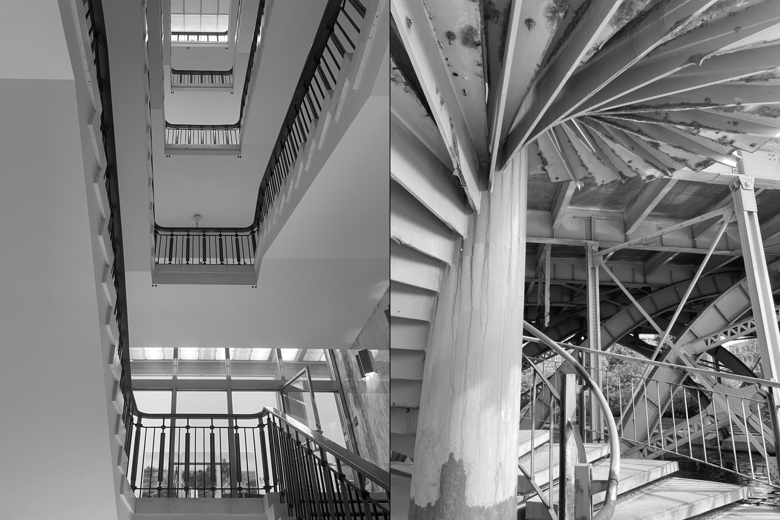 Staircase in Library and Archives Canada (left) and circular staircase at the Laurier Avenue Bridge. Photos by Bronwyn Smyth
