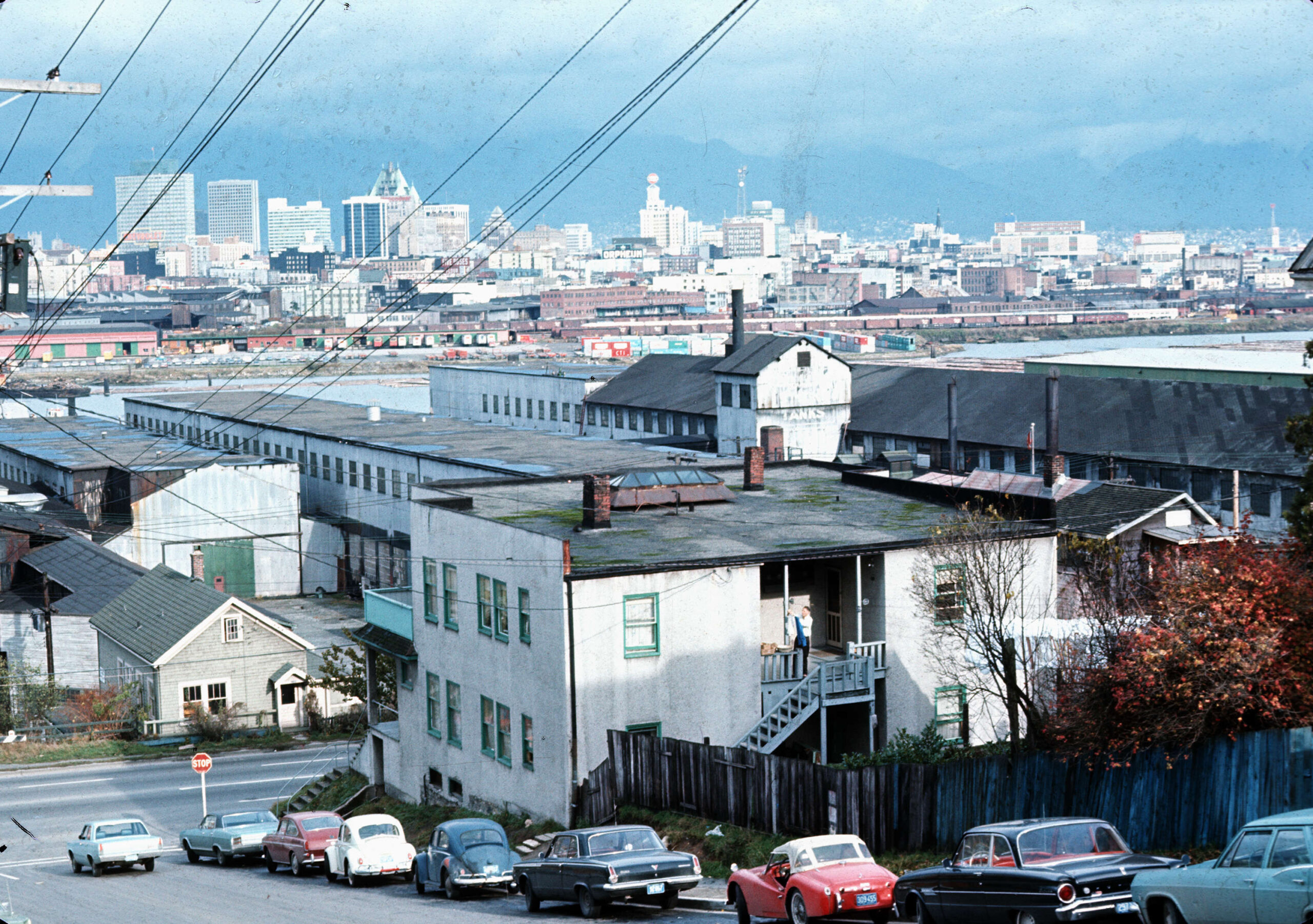 A pair of bugs are visible in this Planning Department photograph. Downtown from Vancouver Iron and Engineering Works Ltd. at 1155 West 6th Avenue, ca. 1960. Reference code: COV-S511---: CVA 780-485